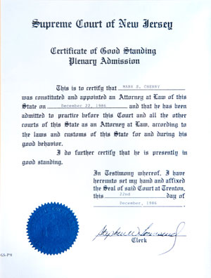 Certificate of Good Standing Plenary Admission
